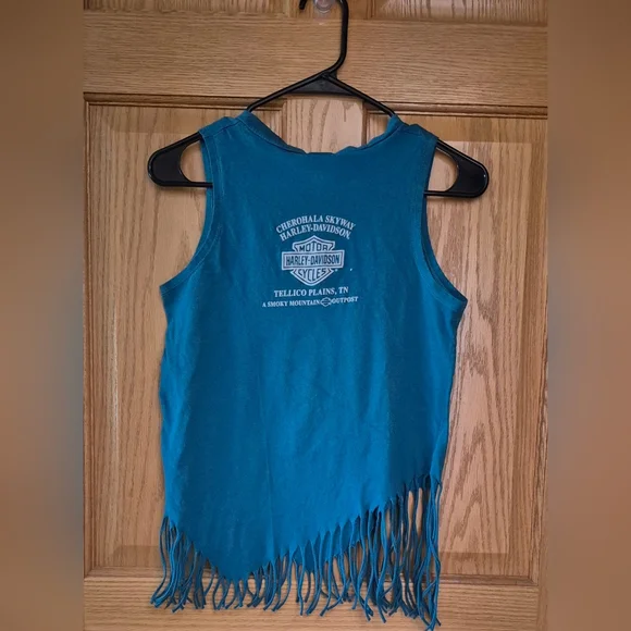 Harley Davidson Women's Medium Greenish Blue V Neck Fringe Tank Top EUC - Picture 2 of 4
